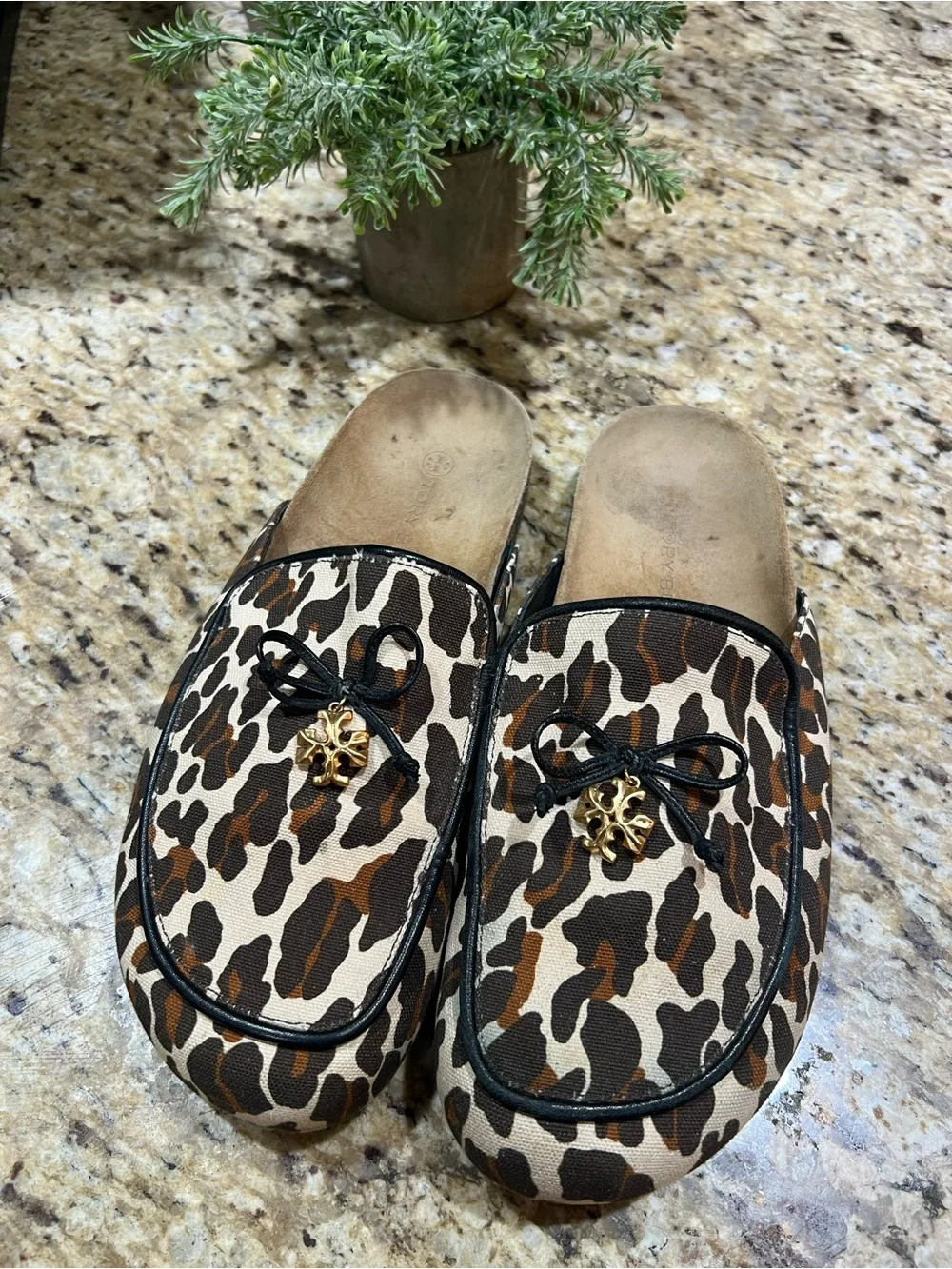 Tory Burch Leo Charm Leopard Print Slip-On Mules with Gold Accent 10M